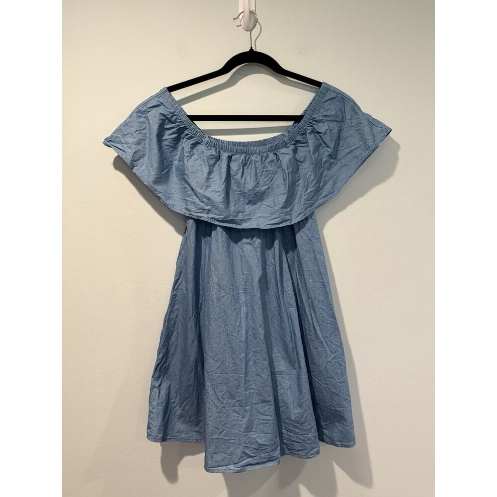MinkPink Chambray Dress XS On/Off Shoulder 100% Cotton Travel Coastal Cottage